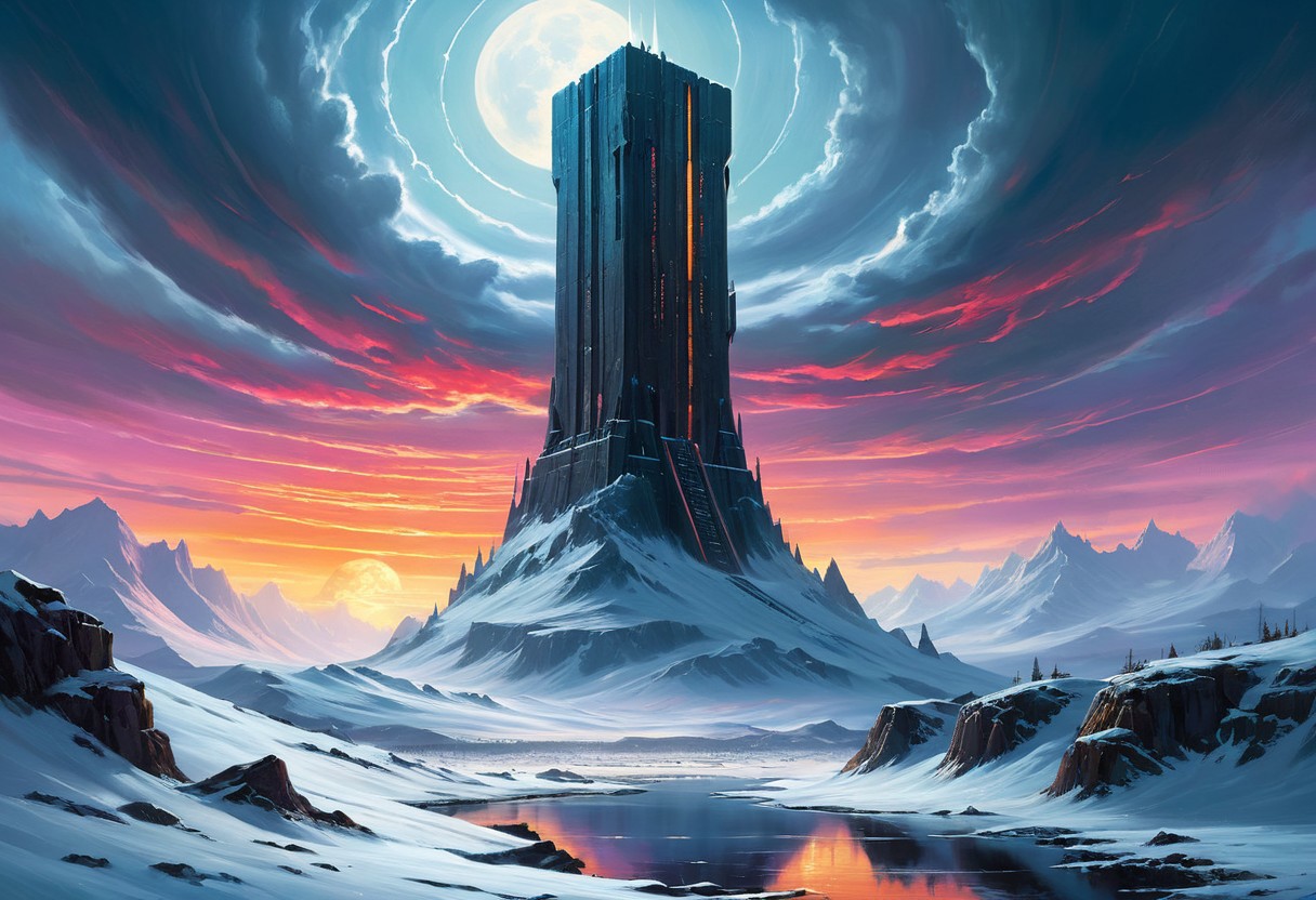 [(ominous mechanical monolith:1.40) ::0.40], (Glowing tower in a doomed snowy tundra), [Jakub Rozalski's sci-fi art: dieselpink style: 0.70], a majestic and foreboding image of a towering mechanical monolith radiating an eerie glow amidst the darkness of a snow-covered tundra, reminiscent of Jakub Rozalski's sci-fi retro-futuristic dieselpunk art style. Inspired by Anders Zorn and Joseph Christian Leyendecker, this artwork features neat tangents with negative space, dramatic lighting casting detailed shadows and highlights for depth, and a vibrant HDR digital painting brimming with colorful richness
[(literary legends tribute:1.35) ::0.35], (Art inspired by Andre Norton and Don Maitz), [fantasy-inspired illustration: iconic styles blend: 0.70], a captivating artistic tribute to the works of Andre Norton and Don Maitz, presenting a fantasy-inspired illustration where their iconic styles seamlessly blend to create a whimsical and enchanting world