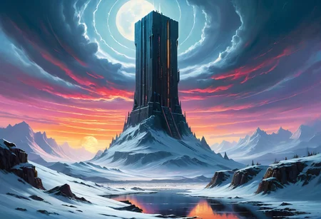 [(ominous mechanical monolith:1.40) ::0.40], (Glowing tower in a doomed snowy tundra), [Jakub Rozalski's sci-fi art: dieselpink style: 0.70], a majestic and foreboding image of a towering mechanical monolith radiating an eerie glow amidst the darkness of a snow-covered tundra, reminiscent of Jakub Rozalski's sci-fi retro-futuristic dieselpunk art style. Inspired by Anders Zorn and Joseph Christian Leyendecker, this artwork features neat tangents with negative space, dramatic lighting casting detailed shadows and highlights for depth, and a vibrant HDR digital painting brimming with colorful richness
[(literary legends tribute:1.35) ::0.35], (Art inspired by Andre Norton and Don Maitz), [fantasy-inspired illustration: iconic styles blend: 0.70], a captivating artistic tribute to the works of Andre Norton and Don Maitz, presenting a fantasy-inspired illustration where their iconic styles seamlessly blend to create a whimsical and enchanting world
