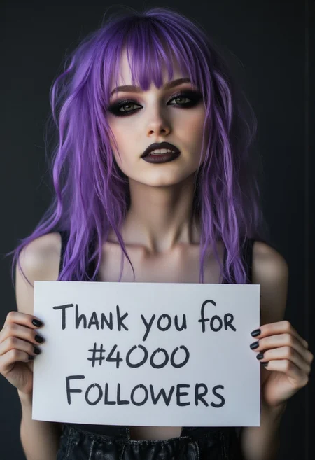 FictionalJade scene girl with purple scene hair, heavy black eye makeup, holding up a sign that says "Thank you for 4000 followers"