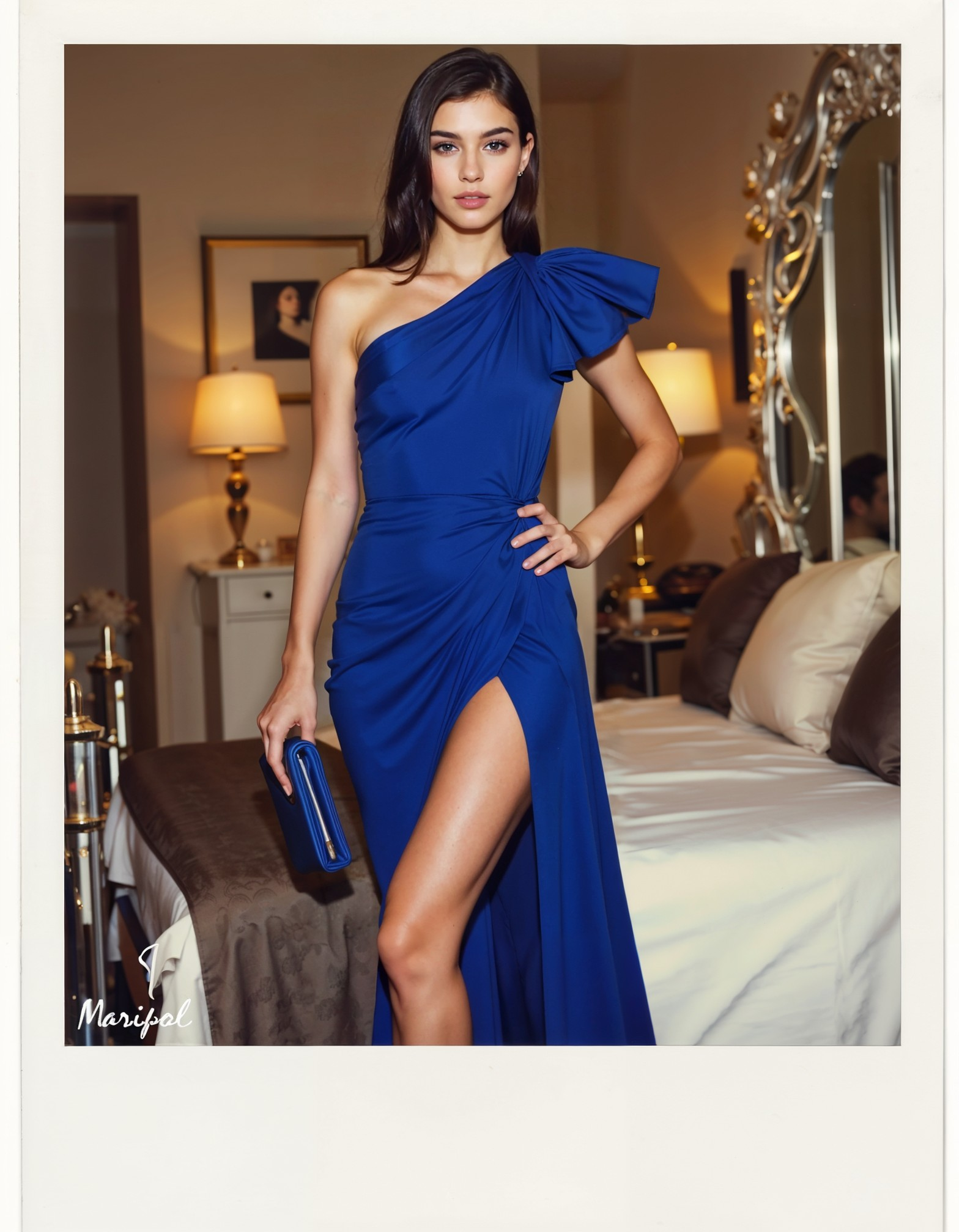 a polaroid photo of a woman wearing Elegant royal blue one-shoulder dress with a fitted bodice, a thigh-high slit, and a flowing skirt, accessorized with a matching clutch in a Elegant boudoir with a mirrored bed frame, plush cushions, and soft ambient lighting for a chic and luxurious touch in the style of maripol, 19-years-old, (medium perky breasts, soft body, puffy nipples, conical nipples:1.2)<lora:maripol-flux1-dev-v1-000088.safetensors:1.2> <lora:Petite_body_type_for_FLUX.safetensors:0.5> <lora:FLUX.1-Turbo-Alpha.safetensors:1.0>