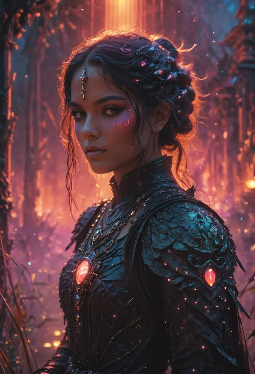 Behold a radiant canvas of inspiration! In this 8K masterpiece, immerse yourself in the surreal charm of a neon dystopian dawn. Picture a serene pond, adorned with hkstyle bulrush plants, kissed by the gentle morning sun peeking through a veil of mist. At the heart of this ethereal landscape stands a cyberpunk knight, a beacon of medieval valor. His shield, a kaleidoscope of colors and fractals, proudly displays a dark-red medusa's head emblem. Fluttering banners in the breeze whisper tales of honor and anticipation on the battlefield.
Using cinematic flair, from global illumination to dramatic composition, we craft a tableau of majesty and awe. Amidst the stillness of night, witness the timeless strength of ancestors against the Milky Way's cosmic tapestry. Tradition meets technology in a symphony of epic proportions, where the spirit of the Indianer dances with the pulse of a world in flux. Each detail, meticulously rendered in hyper-realistic UHD, contributes to the grandeur of this majestic scene. Let this masterpiece ignite your imagination and spirit with its vibrant hues and stirring narrative!