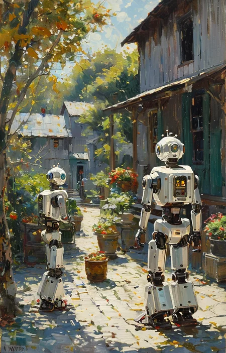 masterpiece,best quality,<lora:tbh209-sdxl:0.9>,illustration,style of Anthony Thieme portrait of Housework robots