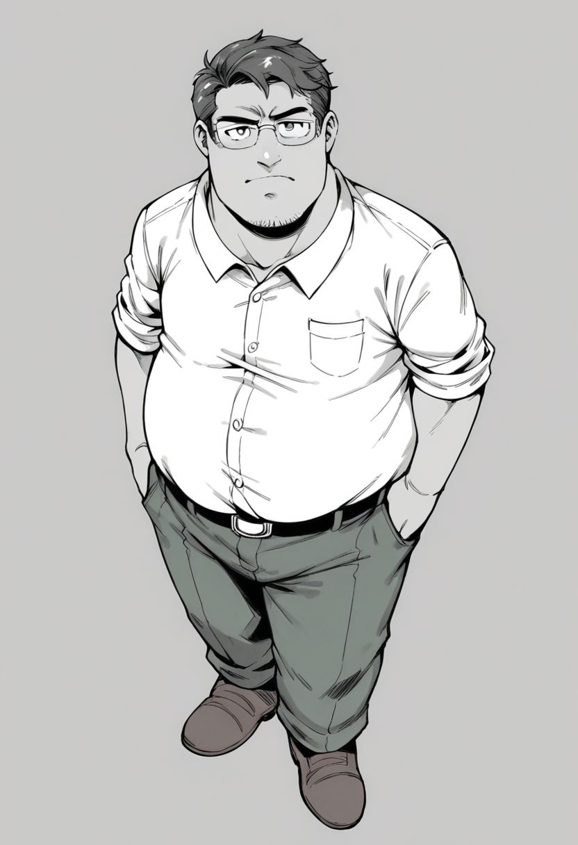 monochrome, grayscale, score_7_up, score_8_up, score_9_up, 1guy, male focus, solo, peter, fat, fat man, collared shirt, brown footwear, white shirt, belt, green pants, brown hair, glasses, simple background, looking at viewer