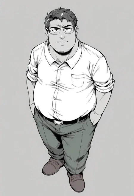 monochrome, grayscale, score_7_up, score_8_up, score_9_up, 1guy, male focus, solo, peter, fat, fat man, collared shirt, brown footwear, white shirt, belt, green pants, brown hair, glasses, simple background, looking at viewer