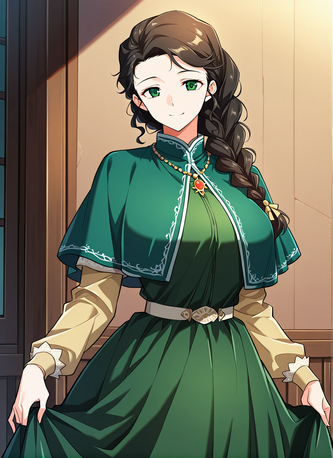 <lora:Silluria_Namaran__The_Greatest_Estate_Designer__Illustrious:1>
1 girl, solo, green eyes, brown hair, black hair, long hair, braid, single braid, braided ponytail, hair over shoulder
green dress, long sleeves, capelet, layered sleeves, short over long sleeves, necklace, jewelry, <lora:DetailedEyes_V3:1>
score_9, score_8_up, score_7_up, very aesthetic, source_anime, detailed, high quality, beautiful, masterpiece, detailed eyes,(perfect female body:1.2), small waist, (incredibly detailed:1.4), slim, beautiful fingers, beautiful skin, looking at viewer, breasts, skirt hold, large breasts, long sleeves, smile, garden backgroun