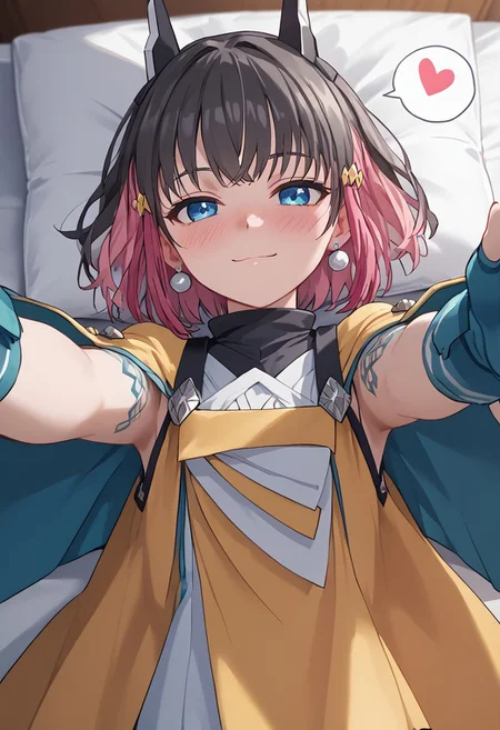 score_4,score_5,score_6,score_7_up,score_8_up,score_9 ((masterpiece,best quality,ultra detailed,highres,HD,4k:1.2)), 
1girl, solo,solo focus,girl focus,face focus,
multicolored hair,short hair,black hair,pink hair,blue eyes,tattoo,sidelocks,black head gear,black head ornaments,earrings,small breast,
yellow cape,white shirt,fingerless gloves,
 pov,from front,front angle,front view, On the bed, ((lying down,With the pillow at the head,incoming hug,hug,Open your arms, Reaching out to the viewer,,)), Embarrassed, shy, smile, ((Squinting, jitome, half-closing eyes,:1.1)),full face blush,closed mouth,spoken heart,