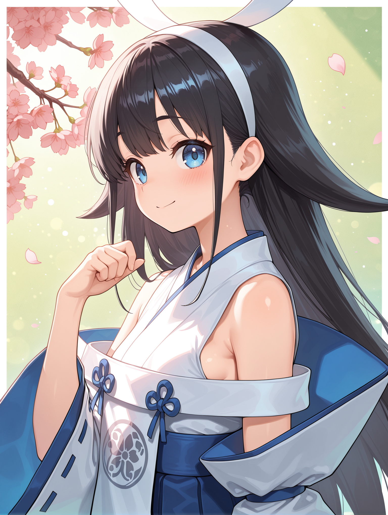 shinonome the vaylantz priestess, 1girl, solo, smile, looking at viewer, petals, bare shoulders, upper body, from side, small breasts, blush, closed mouth, hand up, cherry blossoms, green background, white hairband, white ribbon-trimmed sleeves, white sleeveless kimono, blue hakama skirt, white border, white breast curtain,
masterpiece,best quality,amazing quality,very aesthetic,absurdres,newest,scenery,extreme detail,8k,light particles,soft lighting,volumetric lighting,intricate details,finely detailed,detailed eyes,<lora:Shinonome the Vaylantz Priestess illusXL v1.1:0.75>,