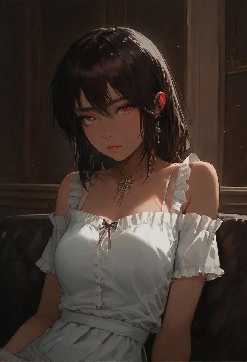 score_9, score_8_up, score_7_up, score_6_up, zPDXL3, Sofia, dark skin, reclining on couch, looking at viewer, pout, cowboy_shot, white off-shoulder dress, spaghetti strap, frills, Expressiveh, room, at night, warm side light,