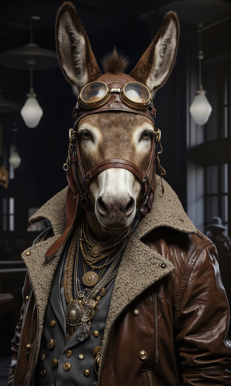 ZooPolis art.
This is a high-quality digital photograph featuring a realistic, anthropomorphic donkey with a serious expression. The donkey is wearing a vintage aviator helmet with goggles perched on its head, a rugged leather jacket with brass buttons, and multiple necklaces, including a large, ornate pendant. The background is dark and blurred, emphasizing the subject. The image employs the rule of thirds, with the donkey's face positioned in the center, drawing attention to its detailed fur texture and expressive eyes. The lighting is soft and even, highlighting the textures and colors. The camera settings likely include a low aperture (around f/2.8) for a shallow depth of field, and an ISO of 100 to maintain image clarity. The overall aesthetic quality is very high, with a captivating blend of realism and fantasy.