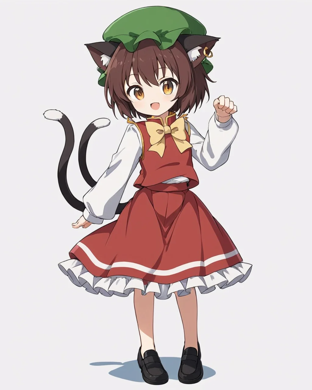 chen,1girl, solo, two_tails, cat_tail, white_background, nekomata, mob_cap, simple_background, full_body, open_mouth, green_headwear, black_footwear, single_earring, long_sleeves, bowtie, shoes, looking_at_viewer, :d, red_vest, standing, red_skirt, paw_pose
<lora:chen_image5769_2023-12-11:1>,star-shaped_pupils,symbol-shaped_pupils,. gorgeous,key visual, vibrant, studio anime,award-winning, professional, highly detailed,high budget, cinemascope