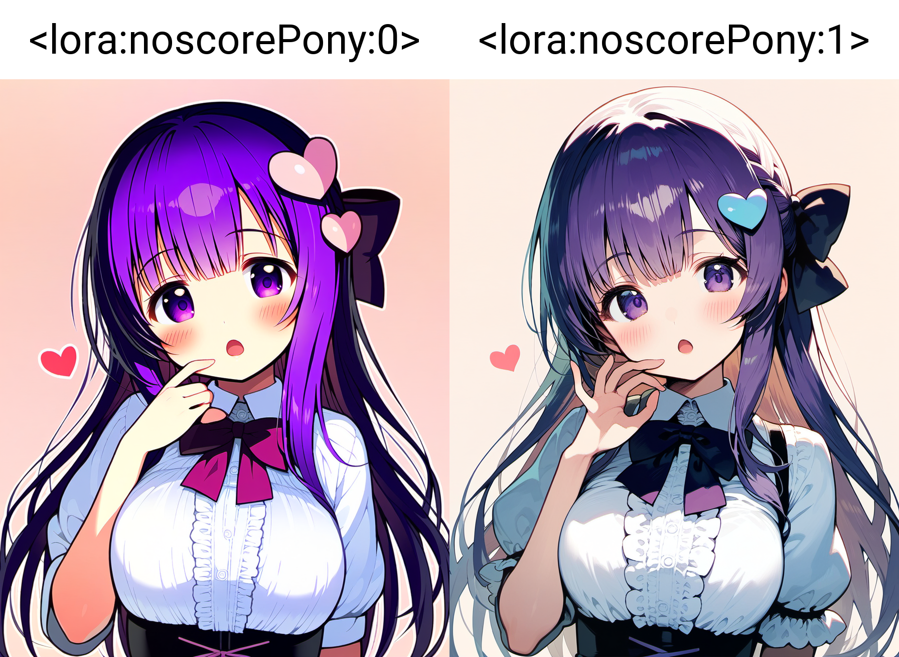 1girl, <lora:noscorePony:0>, blush, bow, breasts, hair bow, hair ornament, hand up, heart, long hair, looking at viewer, open mouth, purple eyes, purple hair, ribbon, simple background, solo, upper body