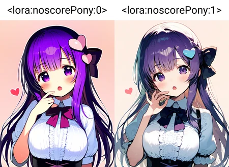 1girl, <lora:noscorePony:0>, blush, bow, breasts, hair bow, hair ornament, hand up, heart, long hair, looking at viewer, open mouth, purple eyes, purple hair, ribbon, simple background, solo, upper body