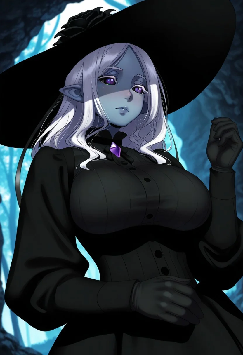 HDR, 8K, high contrast, masterpiece, best quality, amazing quality, very aesthetically pleasing, superabsurd res, high resolution, ultra-detailed, absurdres, latest, landscape, chiaroscuro, dynamic angle, Dutch angle, close-up, Magus_True, monster girl, blue skin, pointed ears, white hair, long hair, white eyelashes, purple eyes, black sclera, big breasts, black hat, flower in a hat, black flower, black dress, gloves, jewelry, dungeon interior, BREAK, beautiful detailed eyes, detailed skin, detailed hair,