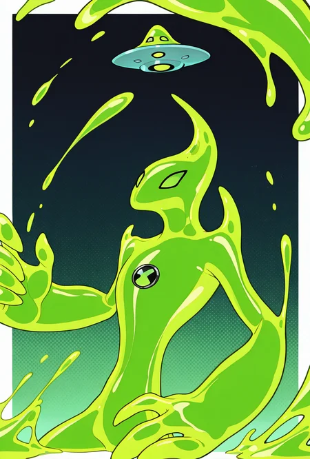 <lora:goop-09:1> goop, solo, no humans, male focus, green skin, pokemon (creature), slime (substance), translucent character, transparent skin, floating small ufo on head, dynamic pose, stretchy limbs, green slime, massive hands,, masterpiece, best quality, amazing quality, very aesthetic, absurdres, newest,, upper body, halftone effect, white borders, abstract background:1.2,