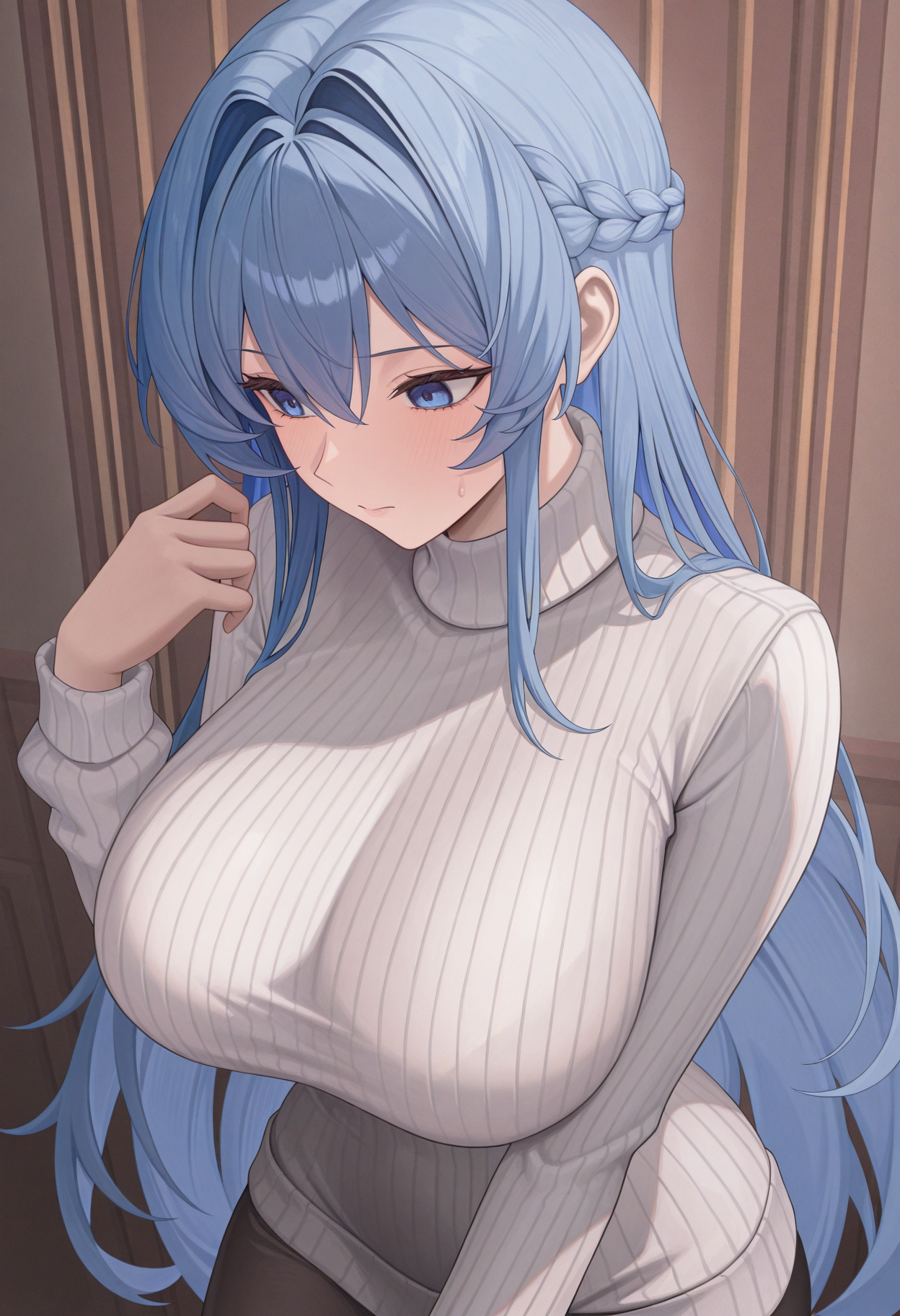 masterpiece, best quality, absurdres, highres, newest, 1girl, solo, <lora:helm-nikke-richy-v1_ixl:1> hlmrd, blue eyes, blue hair, very long hair, hair between eyes, braid, hair intakes, large breasts, turtleneck sweater, ribbed sweater, white sweater,