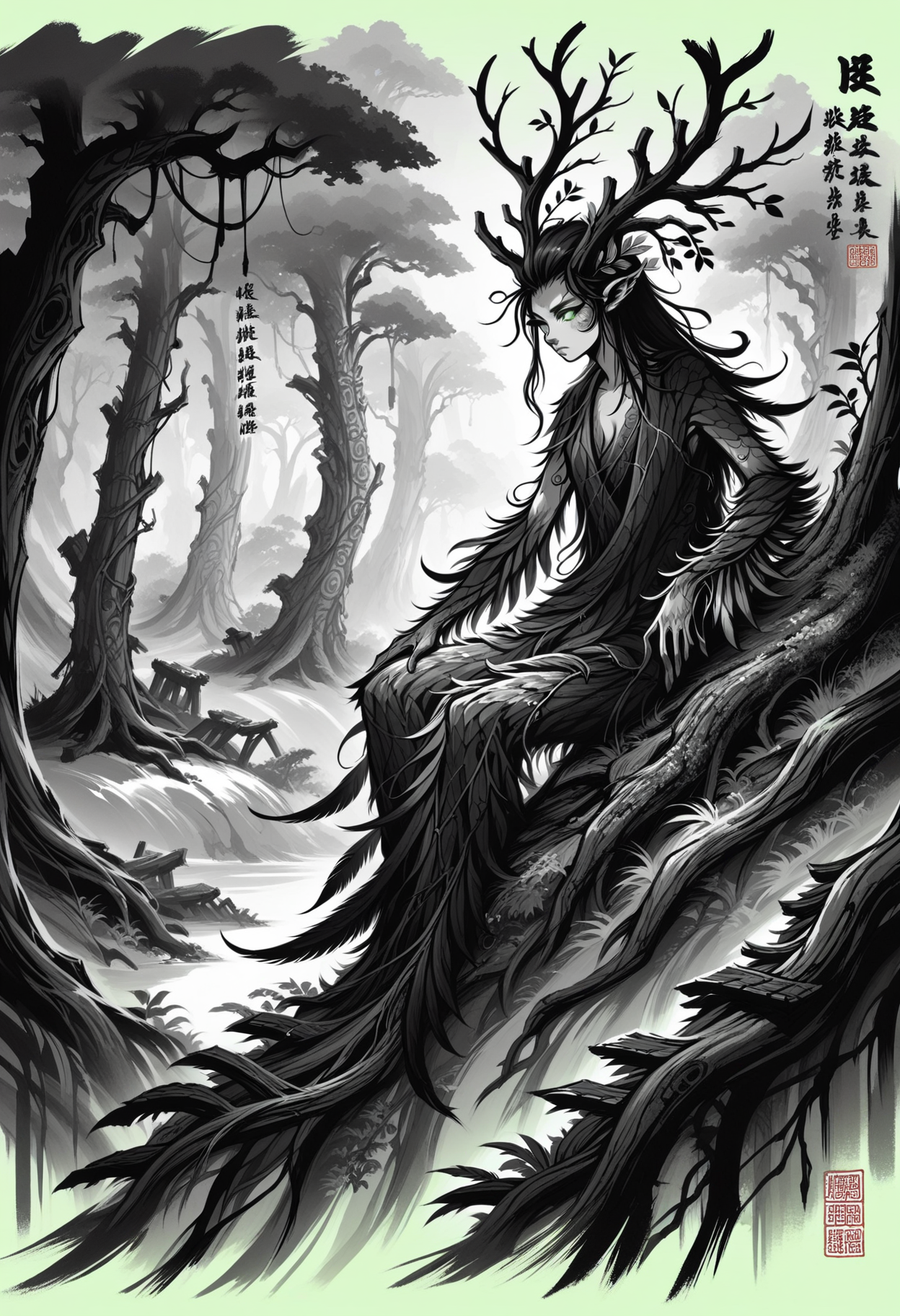 score_9, score_8_up, score_7_up, score_9, <lora:cllgrphy_pdxl_EliPot:1>,
monochrome, chinese text, 
1girl, solo, solo focus, 
monster girl,  dryad girl,  tree-like body, tree branch antlers, multicolored skin,  colored skin,  green eyes, tree roots , bark skin, tree personification , moss spots ,  dark wood skin, tree bark , rough wooden skin, hair vines, thorny vines,
streetwear, feathers, crystals, graffiti backdrop, mystical symbols,
in an underground dark ruins, fantasy, glowing engraved runes, sombre dark underground,