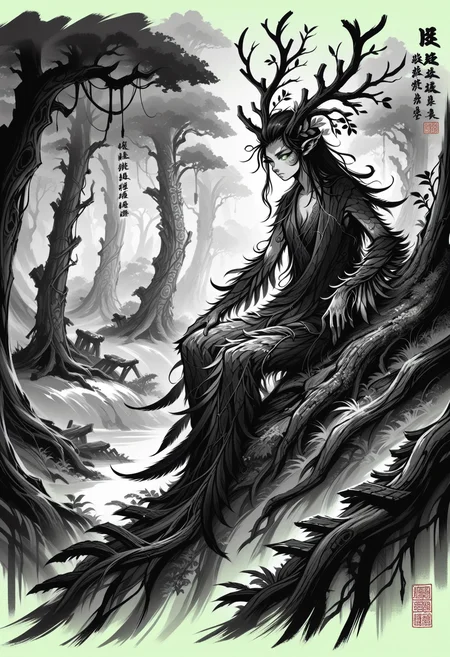 score_9, score_8_up, score_7_up, score_9, <lora:cllgrphy_pdxl_EliPot:1>,
monochrome, chinese text, 
1girl, solo, solo focus, 
monster girl,  dryad girl,  tree-like body, tree branch antlers, multicolored skin,  colored skin,  green eyes, tree roots , bark skin, tree personification , moss spots ,  dark wood skin, tree bark , rough wooden skin, hair vines, thorny vines,
streetwear, feathers, crystals, graffiti backdrop, mystical symbols,
in an underground dark ruins, fantasy, glowing engraved runes, sombre dark underground,