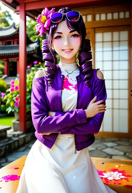1girl, solo, yorigami jo'on, (drill hair:1.2), (eyewear on head:1.3), (jewelry:1.3), (white dress:1.4), (purple jacket:1.5), (facing camera:0.8), (slightly open mouth:0.1), natural pose, (light entering from left:1.5), (Japanese-style temple:1.5), (sliding doors:1.4), (vibrant flower garden:1.2), (blurred temples in background:0.8), (character's left shoulder closer:1.3), (thick paint style:1.4), (facing down shyly:1.1), (blushing:0.7), (jewelry:1.3), (white dress:1.4), (purple jacket:1.1), (facing camera:1.5), (shy smile:0.2), (nervous smile:0.7), (head tilted clockwise:1.3), (shoulders slightly hunched:1.2), (sliding doors:1.4), (vibrant flower garden:1.2), (blurred temples in background:0.8), (arms resting on table:1.5), (hands resting firmly on table:1.2), (arms on table:1.6), (no hand movement:1.3), (crossed arms on table:1.6), (thick paint style:1.4), (head slightly tilted:1.3), (furrowed brows:1.7), (mouth slightly open with smile:0.4), (embarrassed:1.5)(looking at the camera:1.6), (playful yet uncomfortable expression:1.2), (slight shoulder shrug:1.3), body leaning slightly forward, soft sunlight shining in from the left, temple room with sliding doors half-open, colorful flowers outside, other distant Japanese buildings blurred, (morning light:0.8), (bright:0.6), warm lighting, anime style highly detailed shadows, warm atmosphere, anime art style, sunlight on face, soft glow. <lora:char-joon:1>