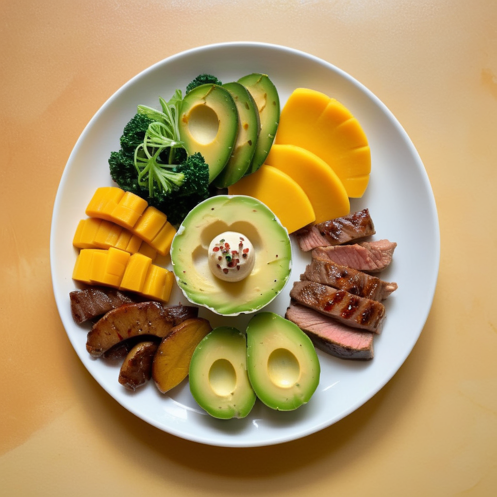 avocado,Generate a realistic photo of a neatly arranged, healthy fitness meal, consisting of a generous portion of meat, slices of mango, and a variety of vegetables. The ingredients should be displayed in an organized manner on the plate, emphasizing the harmony of colors and textures. The meat should be succulent and well-seasoned, but without any black pepper. Vegetables should add a fresh and vibrant green to the composition, creating a visually appealing contrast with the yellow of the mango and the rich color of the meat. The presentation is key, with each component of the meal having its distinct place on the plate, showcasing a balance of nutrition and aesthetics, <lora:fitfood:0.8>,fitfood