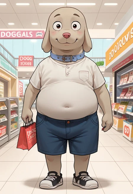 score_4_up, score_5_up, score_6_up, score_7_up, score_8_up, score_9, DogVaron, 1boy, solo, dog, beige fur, round eyes, small eyebrowns, pink nose, blue collar, wide hips, looking at viewer, front view, full body, standing, shopping mall, smile, shorts, slightly chubby