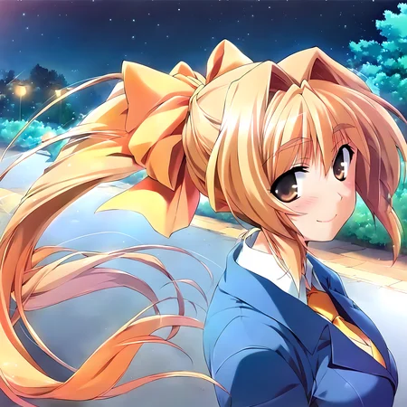 <lora:pony_xl_rumi:0.8>,rumi,score_9,score_8_up,score_7_up,source_anime,1girl,solo,orange hair ribbon,ponytail,blue suit,long_sleeves,white collared shirt,yellow tie,night,starry_sky,road,lamppost,smile,kind_smile,;d,blush,looking_at_viewer,from_side,upper_body,walking together,