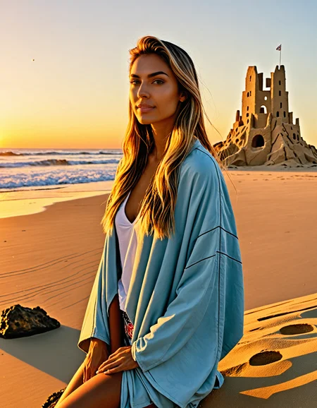 a woman 18 years old of age, in relaxed and beachy surfer style, perfect for a sunset session, straight-on, looking away, rock, sand castle, sand hole