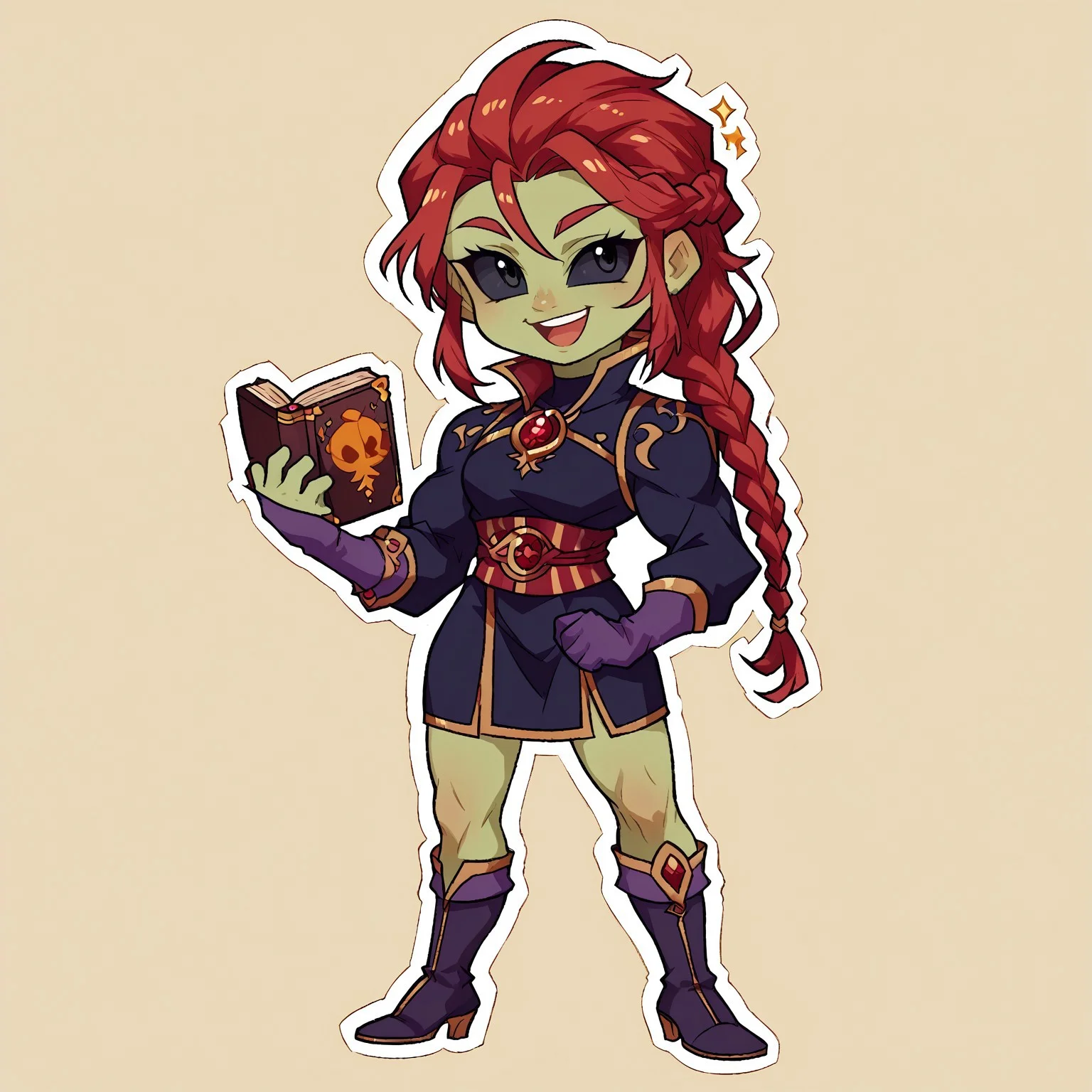 8k, score_9, score_8_up, score_7_up, Chibi, Chibi Body, Chibi Art Style, full body portrait, masterpiece, outline, transparent background, 1girl, woman, broad shoulders, slim waist, lean, big biceps, young, handsome, cute face,
(long red hair, braided hair), black sclera, black eyes, green skin,
black robe dress, high collar, gold trim, purple puffed sleeves, jewelry, emeral amulet, ornate thighhigh boots, long gloves, intricate sash, with hat, warts,
holding book, open mouth, smile
Stickers, Sticker, dynamic pose