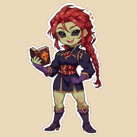 8k, score_9, score_8_up, score_7_up, Chibi, Chibi Body, Chibi Art Style, full body portrait, masterpiece, outline, transparent background, 1girl, woman, broad shoulders, slim waist, lean, big biceps, young, handsome, cute face,
(long red hair, braided hair), black sclera, black eyes, green skin,
black robe dress, high collar, gold trim, purple puffed sleeves, jewelry, emeral amulet, ornate thighhigh boots, long gloves, intricate sash, with hat, warts,
holding book, open mouth, smile
Stickers, Sticker, dynamic pose