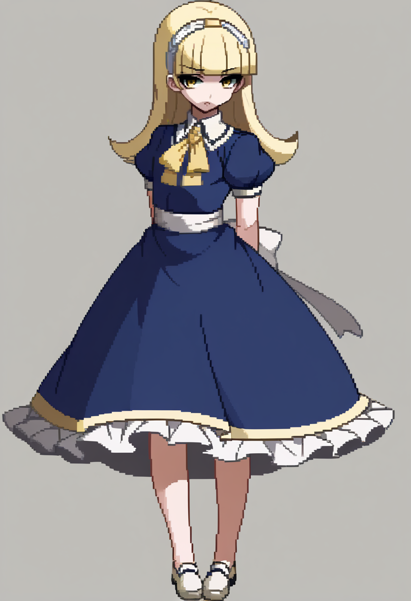 score_9, score_8_up, score_7_up, source_anime, BREAK, solo, 1girl, looking at viewer,  <lora:Under-Night-In-Birth-SpritesV2-pdxl_Fp:1>, simple background, full body, standing, <lora:zs_AliceXL:1>, alicesmt, dress, long hair, blonde hair, hairband, blunt bangs, puffy sleeves, blue dress, yellow eyes, arms behind back,