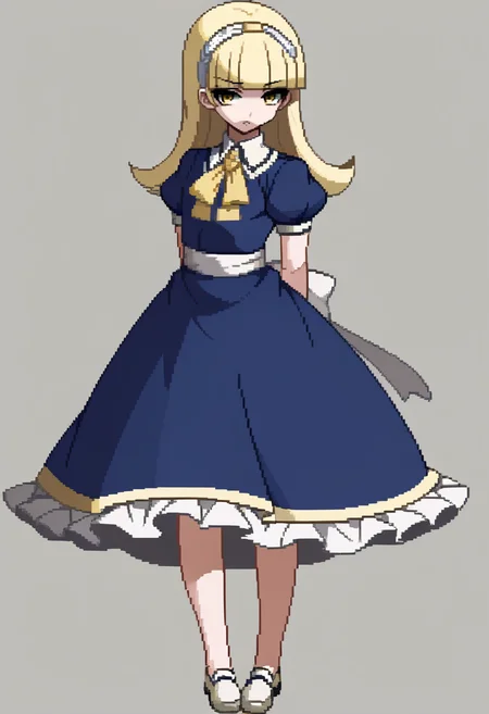 score_9, score_8_up, score_7_up, source_anime, BREAK, solo, 1girl, looking at viewer, <lora:Under-Night-In-Birth-SpritesV2-pdxl_Fp:1>, simple background, full body, standing, <lora:zs_AliceXL:1>, alicesmt, dress, long hair, blonde hair, hairband, blunt bangs, puffy sleeves, blue dress, yellow eyes, arms behind back,