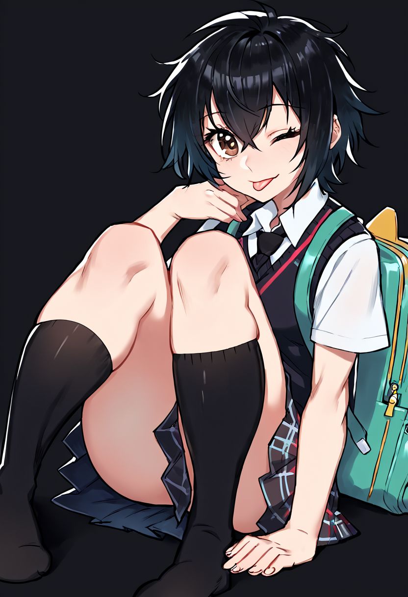 score_9_up, score_8_up, score_7_up, Score_6_up, Score_5_up, Score_4_up, source_anime, (masterpiece, perfectly detailed, detailed face, detailed eyes, beautiful eyes), (ultra HD quality details), 8K, extremely detailed, highres, Mevak_PS, peni parker, :p, aqua bag, backpack, bag, black background, black hair, black necktie, black skirt, black socks, black sweater vest, brown eyes, collared shirt, dress shirt, eyelashes, hair between eyes, halftone texture, hand on own chin, kneehighs, knees up, looking at viewer, messy hair, necktie, on ground, one eye closed, plaid, plaid skirt, school uniform, shirt, short hair, short sleeves, simple background, sitting, skirt, socks, solo, sweater vest, tongue, tongue out, white shirt.