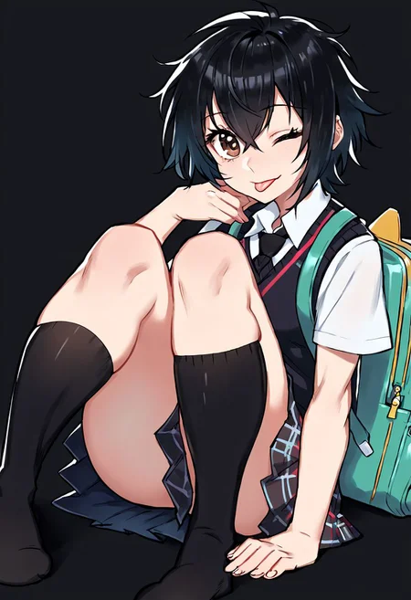 score_9_up, score_8_up, score_7_up, Score_6_up, Score_5_up, Score_4_up, source_anime, (masterpiece, perfectly detailed, detailed face, detailed eyes, beautiful eyes), (ultra HD quality details), 8K, extremely detailed, highres, Mevak_PS, peni parker, :p, aqua bag, backpack, bag, black background, black hair, black necktie, black skirt, black socks, black sweater vest, brown eyes, collared shirt, dress shirt, eyelashes, hair between eyes, halftone texture, hand on own chin, kneehighs, knees up, looking at viewer, messy hair, necktie, on ground, one eye closed, plaid, plaid skirt, school uniform, shirt, short hair, short sleeves, simple background, sitting, skirt, socks, solo, sweater vest, tongue, tongue out, white shirt.