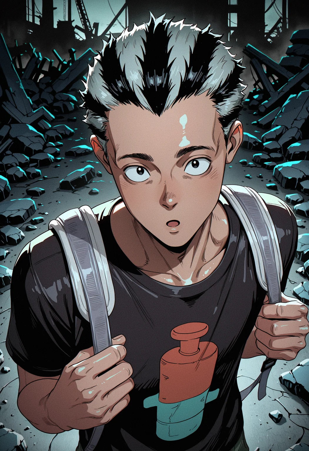 masterpiece, best quality, newest, absurdres, highres, very awa, 1boy, male focus, fujita \(dorohedoro\), solo, :o, from above, upper body, holding strap, very short hair, portrait, black shirt, t-shirt, looking at viewer, black smoke, backpack, scenery, foreshortening, emphasis, debris, ruins, broken, rubble, dark, dim lighting, 3d, shiny skin