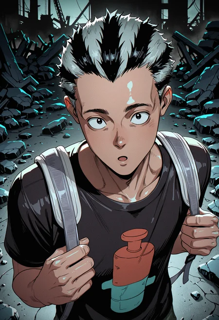 masterpiece, best quality, newest, absurdres, highres, very awa, 1boy, male focus, fujita \(dorohedoro\), solo, :o, from above, upper body, holding strap, very short hair, portrait, black shirt, t-shirt, looking at viewer, black smoke, backpack, scenery, foreshortening, emphasis, debris, ruins, broken, rubble, dark, dim lighting, 3d, shiny skin