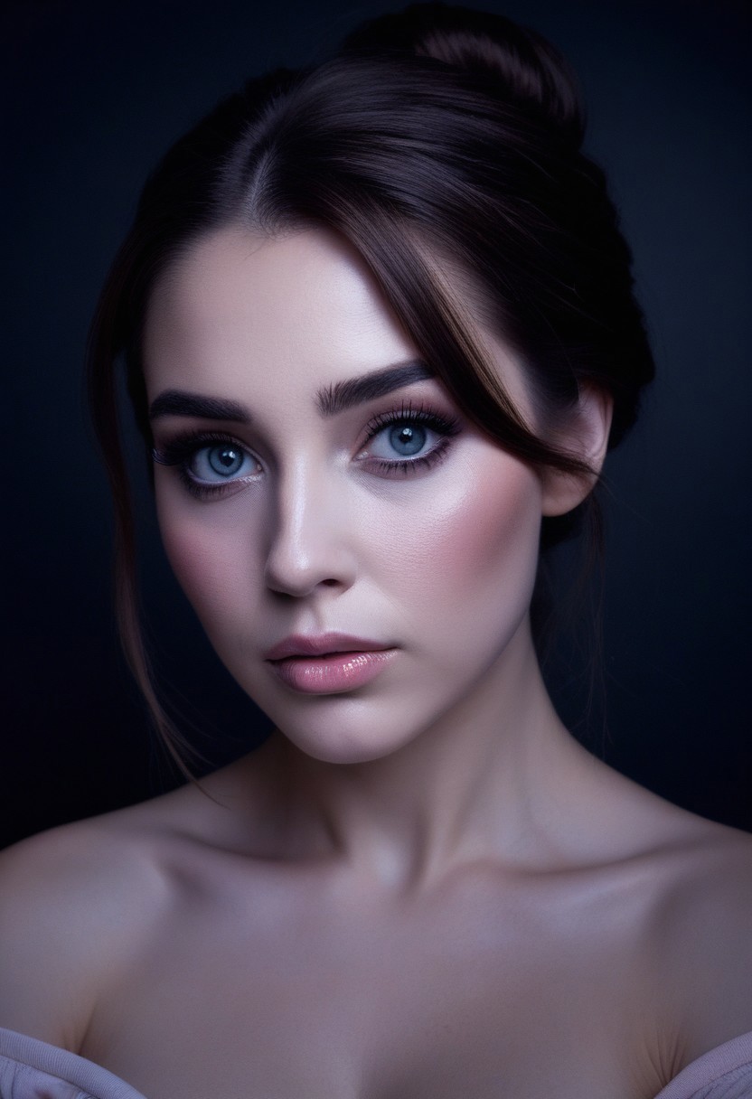 A beautiful young woman with fair, porcelain-like skin and brown hair styled in a soft, elegant low bun with a few loose strands framing her face. She has striking, large grey eyes with long eyelashes, subtle eyeshadow, defined brows, and softly blushed cheeks. Her lips are full with a natural pink gloss. She is wearing a light pastel off-shoulder top, revealing her shoulders and upper chest down to the cleavage. The image is composed from head to cleavage, with dramatic, soft lighting highlighting her features against a dark background. Moody atmosphere, high contrast, hyper-realistic, high detail, studio portrait, front-facing, centered composition