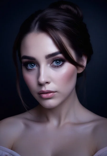 A beautiful young woman with fair, porcelain-like skin and brown hair styled in a soft, elegant low bun with a few loose strands framing her face. She has striking, large grey eyes with long eyelashes, subtle eyeshadow, defined brows, and softly blushed cheeks. Her lips are full with a natural pink gloss. She is wearing a light pastel off-shoulder top, revealing her shoulders and upper chest down to the cleavage. The image is composed from head to cleavage, with dramatic, soft lighting highlighting her features against a dark background. Moody atmosphere, high contrast, hyper-realistic, high detail, studio portrait, front-facing, centered composition