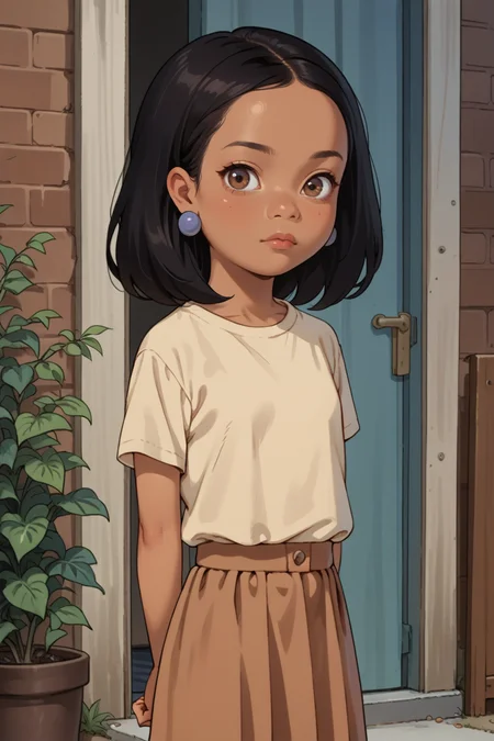 score_9,score_8_up,score_7_up,
 <lora:Minh_Souphanousinphone_King_of_the_Hill_COMMISSION:0.8>
1girl, solo, minh, dark skinned female, brown eyes, black hair, earrings, looking at viewer,
child, short, young, flat chest, beige shirt, brown skirt, hands behind back,
 <lora:1StS_age_slider_v1_initial_release:-4>