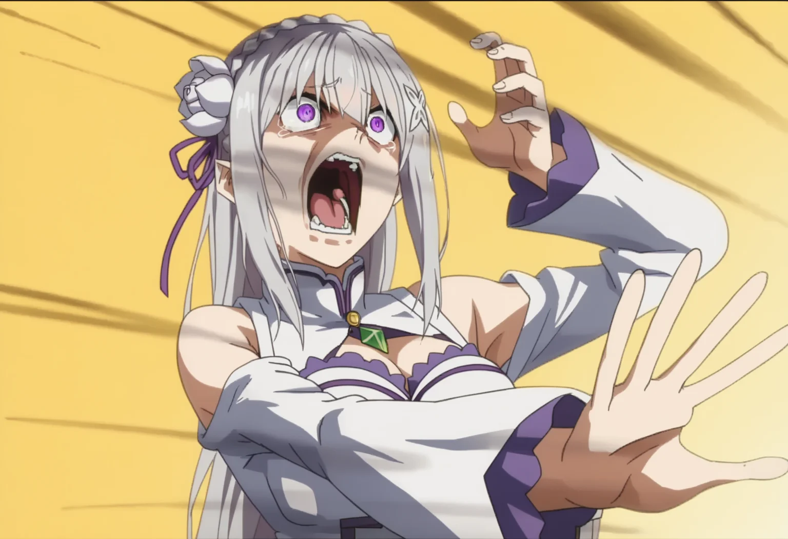 score_9, score_8_up, score_7_up, source_anime,
BREAK
<lora:shikaibaTestNoV1-000008:1>, kaibanodef,
open mouth, upper body, teeth, screaming, parody,
1girl, solo, anime screencap, anime coloring,
<lora:shiEmiliaV2:1> shimilia, long hair, grey hair, purple eyes, pointy ears, crown braid, hair flower, hair ribbon, purple ribbon, x hair ornament, white dress, cleavage, bare shoulders, wide sleeves,