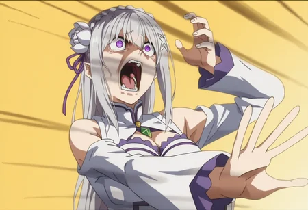 score_9, score_8_up, score_7_up, source_anime,
BREAK
<lora:shikaibaTestNoV1-000008:1>, kaibanodef,
open mouth, upper body, teeth, screaming, parody,
1girl, solo, anime screencap, anime coloring,
<lora:shiEmiliaV2:1> shimilia, long hair, grey hair, purple eyes, pointy ears, crown braid, hair flower, hair ribbon, purple ribbon, x hair ornament, white dress, cleavage, bare shoulders, wide sleeves,