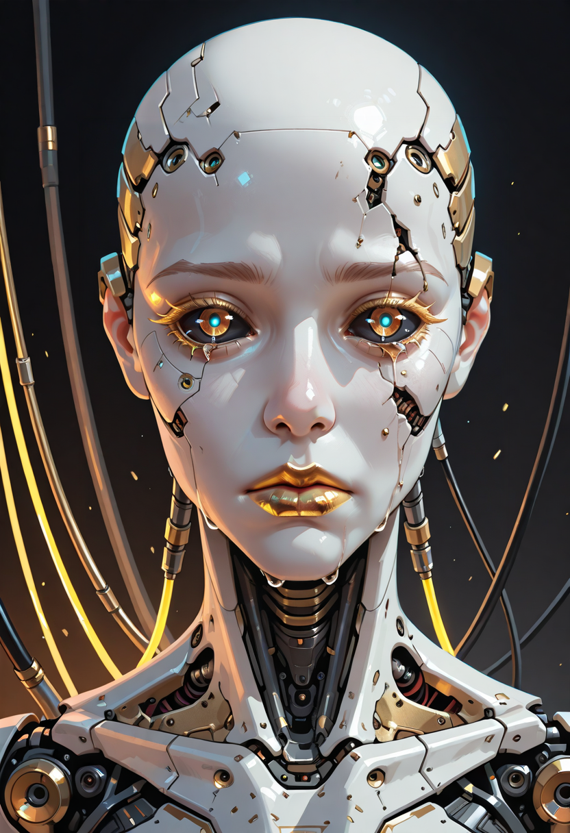 mechanical parts, solo, damaged, android, science fiction, cable,, 1girl, cyborg, portrait, , , bald, robot, black sclera, cyberpunk, gold pupils, white skin, gold, wires, , gold lips, cyberpunk, single tear, expressionless, crying with eyes open, colored eyelashes,,