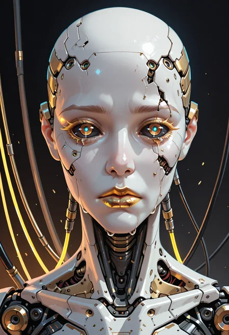 mechanical parts, solo, damaged, android, science fiction, cable,, 1girl, cyborg, portrait, , , bald, robot, black sclera, cyberpunk, gold pupils, white skin, gold, wires, , gold lips, cyberpunk, single tear, expressionless, crying with eyes open, colored eyelashes,,