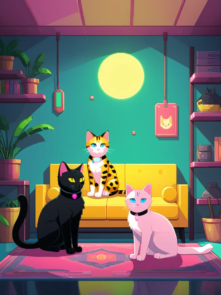 <lora:CartoonStyle_Hap_XL:1>,cartoon style,hyper light drifter video game style, pixel art, neon colors, retro futuristic, detailed (masterpiece, best quality, ultra detailed), intricate details, in the tranquil setting of a cozy room, two leopard spotted cats share a harmonious atmosphere. the larger cat stands with an air of confidence on a shelf, while the smaller one comfortably perches beside it, their blue eyes sparkling in unison. their black collars are adorned with tags, signifying their unity and companionship. the soft hues of yellow and pink envelop the scene, creating a sense of warmth and unity that mirrors the bond between these feline friends., cartoon styleï¼ ,anime,masterpiece,UHD,perfection,perfect,detailed,
