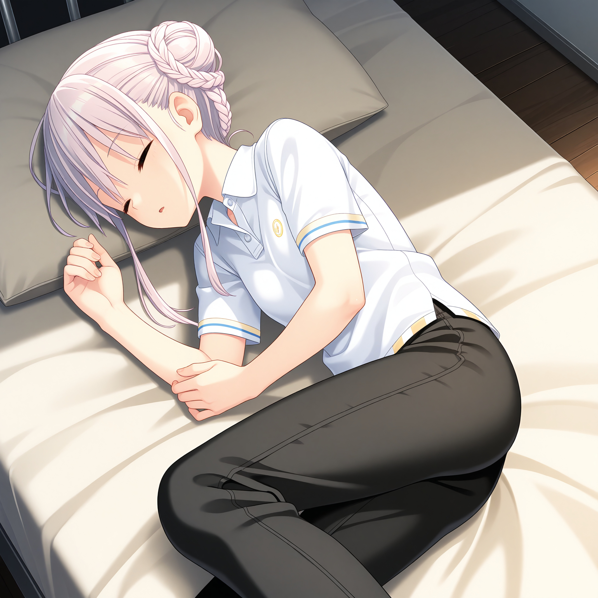 <lora:Kotoyose_Fumino_1_nai-000022:1>,Kotoyose Fumino,
short hair with long locks,single hair bun,braid,
short sleeves,white shirt,black pants,collared shirt,polo shirt,
BREAK
1girl,solo,sleeping,from above,on side,on_bed,