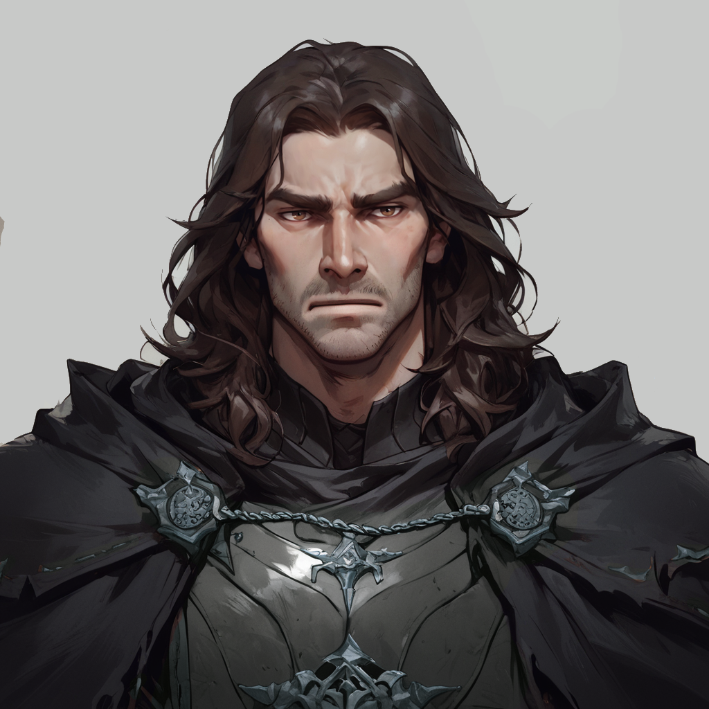 score_9, score_8_up, score_8, score_7_up, score_7, score_6_up, score_6, score_5_up, Score_5, 1boy, dark brown hair, (long hair:1.1), dark brown eyes, warrior aesthetic, black armor, male focus, solo, portrait, village background, fantasy, (fur-trimmed cloak:1.1), black cloak, black armor, strong, manly, strong jawline, pale skin, stubble, arm0rs3nt1n3l, thick body, looking at viewer <lora:Concept Art Twilight Style SDXL_LoRA_Pony Diffusion V6 XL:0.8> <lora:ArmorSentinelV2:0.6> <lora:IncaseLycoXL:0.6> <lora:VoxMachinaPony200:0.2>