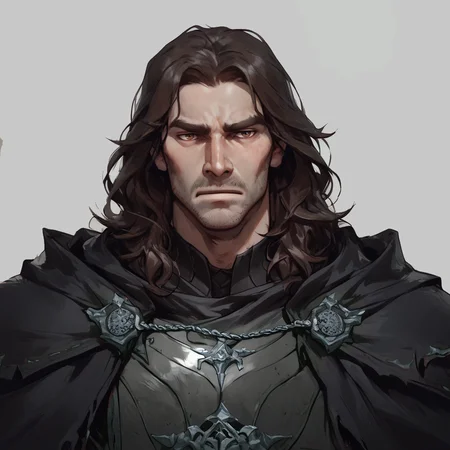 score_9, score_8_up, score_8, score_7_up, score_7, score_6_up, score_6, score_5_up, Score_5, 1boy, dark brown hair, (long hair:1.1), dark brown eyes, warrior aesthetic, black armor, male focus, solo, portrait, village background, fantasy, (fur-trimmed cloak:1.1), black cloak, black armor, strong, manly, strong jawline, pale skin, stubble, arm0rs3nt1n3l, thick body, looking at viewer <lora:Concept Art Twilight Style SDXL_LoRA_Pony Diffusion V6 XL:0.8> <lora:ArmorSentinelV2:0.6> <lora:IncaseLycoXL:0.6> <lora:VoxMachinaPony200:0.2>