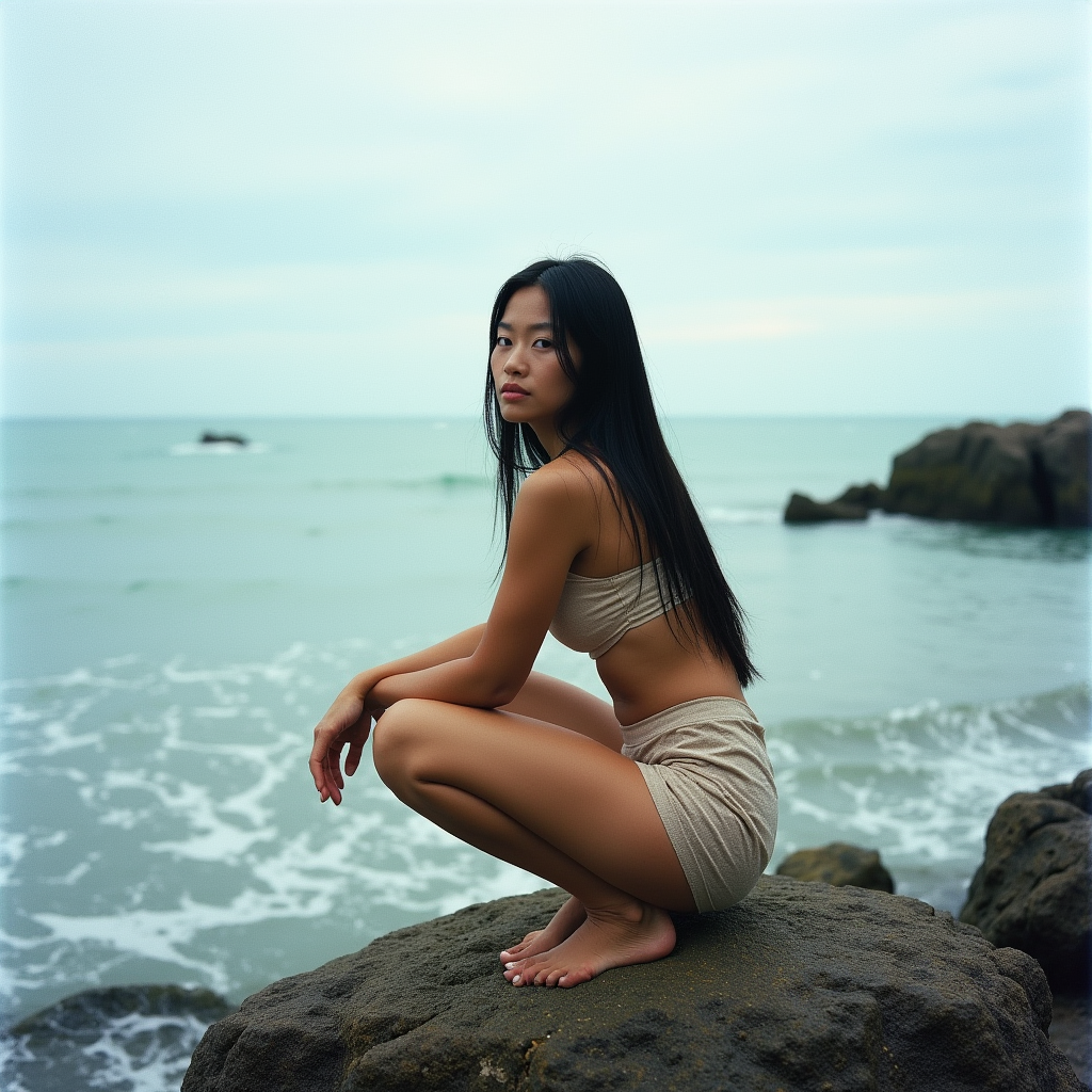<lora:Kodak Motion Picture Film style v1:1>
Film grain still image of a woman sitting on a rock by the ocean,1girl,solo,long hair,looking at viewer,black hair,outdoors,barefoot,day,water,ocean,squatting,scenery,rock,realistic , cinematic look, film look, filmic, contrast, detailed, high quality, sharp image, film color, Kodak Motion Picture Film style, different color, different people, different look, different style, 35MM Film, 16MM Film, Photographic film, music video style, artistic style, cinematic style, film granularity, film noise, image noise, artistic effect, Fujicolor, Fuji film, Analog photography, movie style, movie still, Film grain overlay, Film Grain style