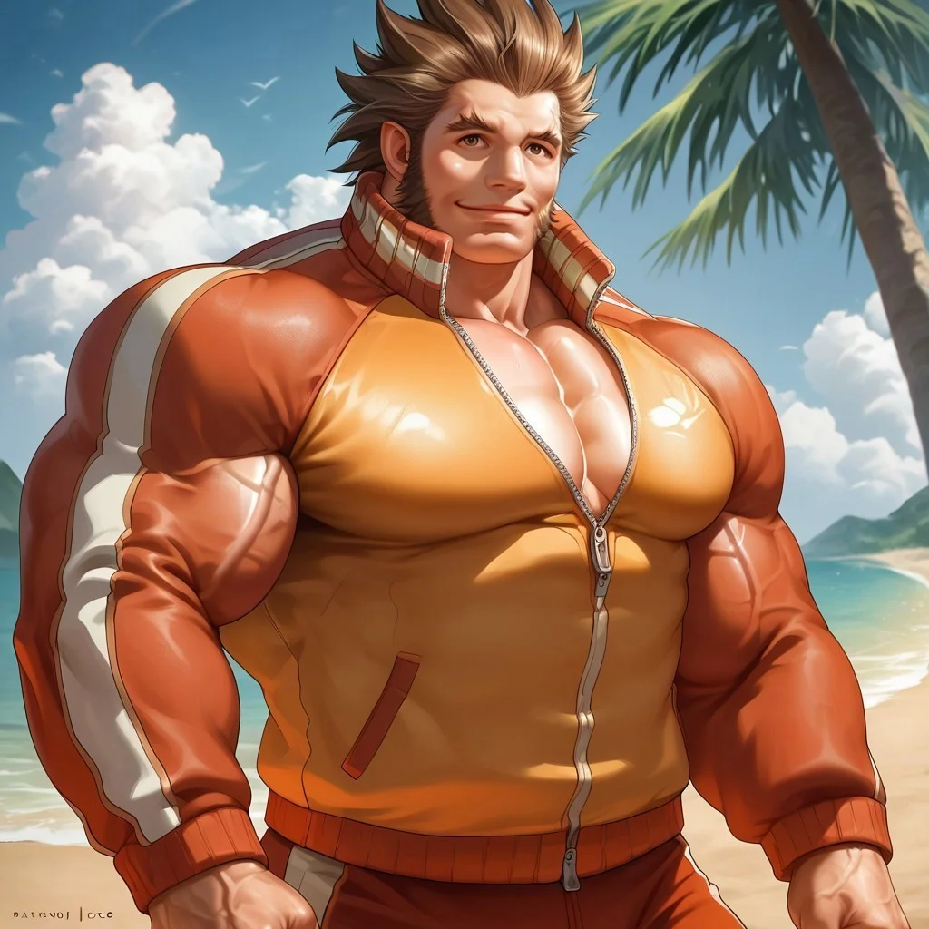 safe_pos, safe_pos, source_anime, detailed background, (score_9, score_8_up, score_7_up), zoroj, masterpiece, best quality, high quality, ultra detailed, highly detailed, high detail, artistic lighting, (highly detailed face, (perfect face, perfect eyes)), depth of field, perfect soft lighting, best shadows, perfect reflections, volumetric, detailed image, high resolution, defined faces, sharp definition,
solo, 1boy, male focus, Will Powers, brown eyes, brown hair, spiked hair, long sideburns, closed track suit, no nipples, musclebears, muscular male, bara, veiny muscles, large male,
beach, palm trees, dynamic poses, various poses, cowboy shot, standing, looking at viewer, smile,
