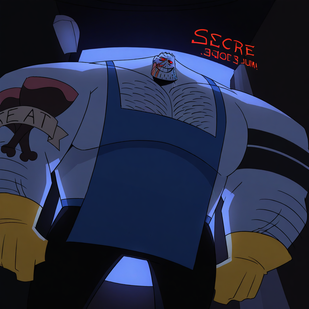 score_9, score_8_up, score_8, BREAK absurdres, 4k, 8k, masterpiece, Greg, muscular male, 1boy, solo, large muscles, apron, red eyes, scars, tattoos, facial hair, chest hair, gloves, pants, massive pectorals, looking down, looming over viewer, teeth, smiling, grin, dynamic angle, dynamic pose