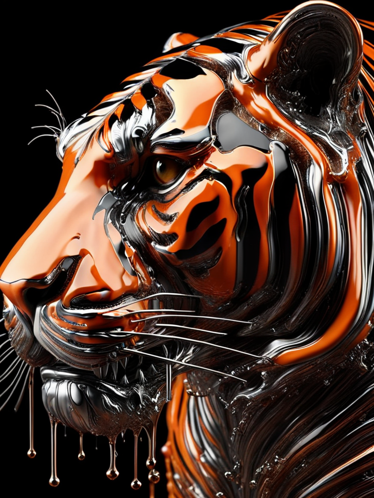 ral-chrome, tiger, 3d render, liquid, 4k, 8k, ultrahd, orange and black tiger stripes <lora:ral-chrome-sdxl:1>