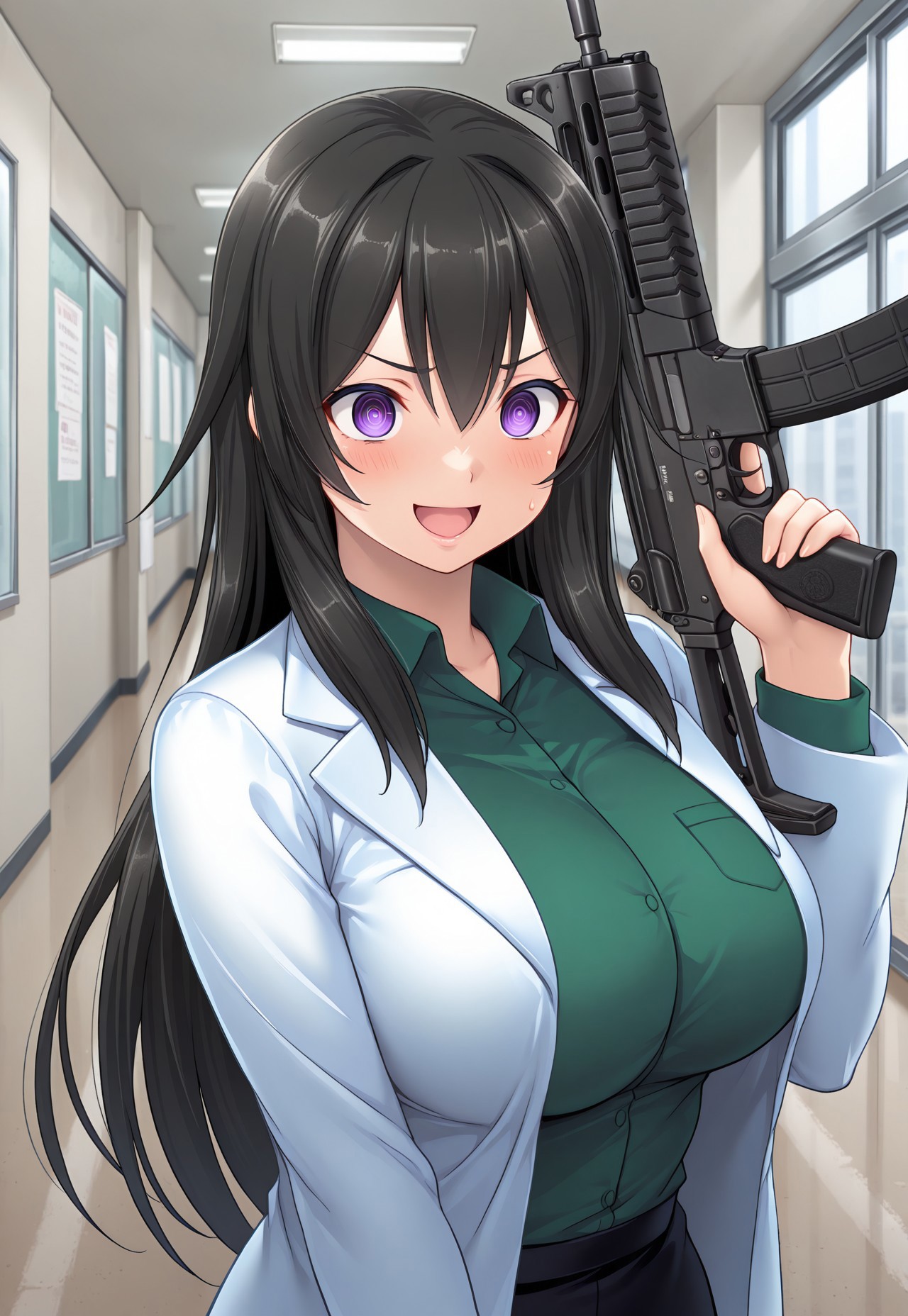 masterpiece, best quality, amazing quality, absurdres, very aesthetic, miharakaoru, 1girl, long hair, black hair, purple eyes, large breasts, solo, doctor, default_outfit, labcoat, shirt, green shirt, upper body, hypnosis, @ @, smile, open mouth, v-shaped eyebrows, weapon, holding weapon, gun, assault rifle, walking, trigger discipline, school hallway, depth of field